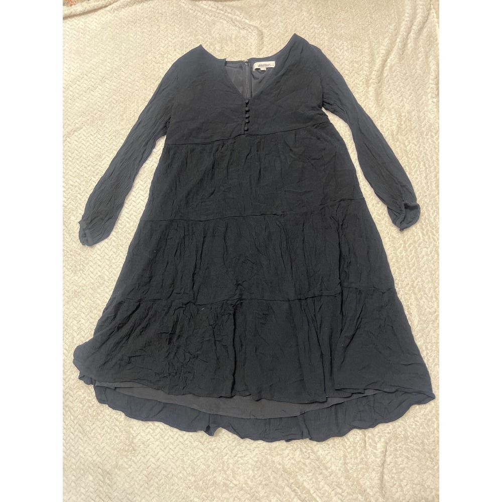 LOFT Petites Black Tiered Midi Dress V-Neck Long Sleeve Crinkle Texture SP